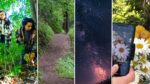 Four images are shown side by side of people geocaching, a hiking trail, stars, and a phone taking a photograph. These are examples of summer activities.