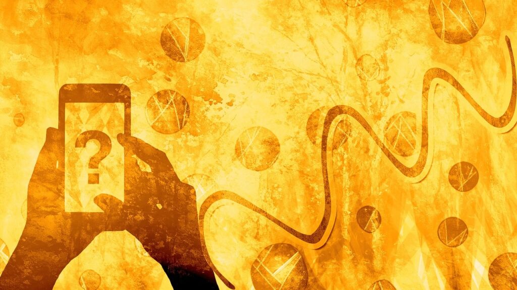 Silhouette of hands holding a smartphone with a question mark on the screen, set against an abstract yellow background with circular and wavy patterns