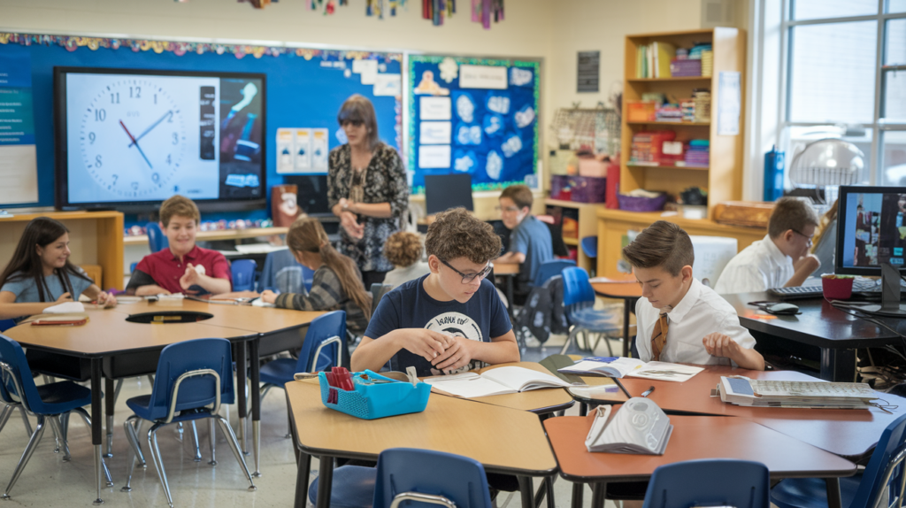 A classroom of middle school students working in small groups at different stations, with a teacher assisting students in the background
