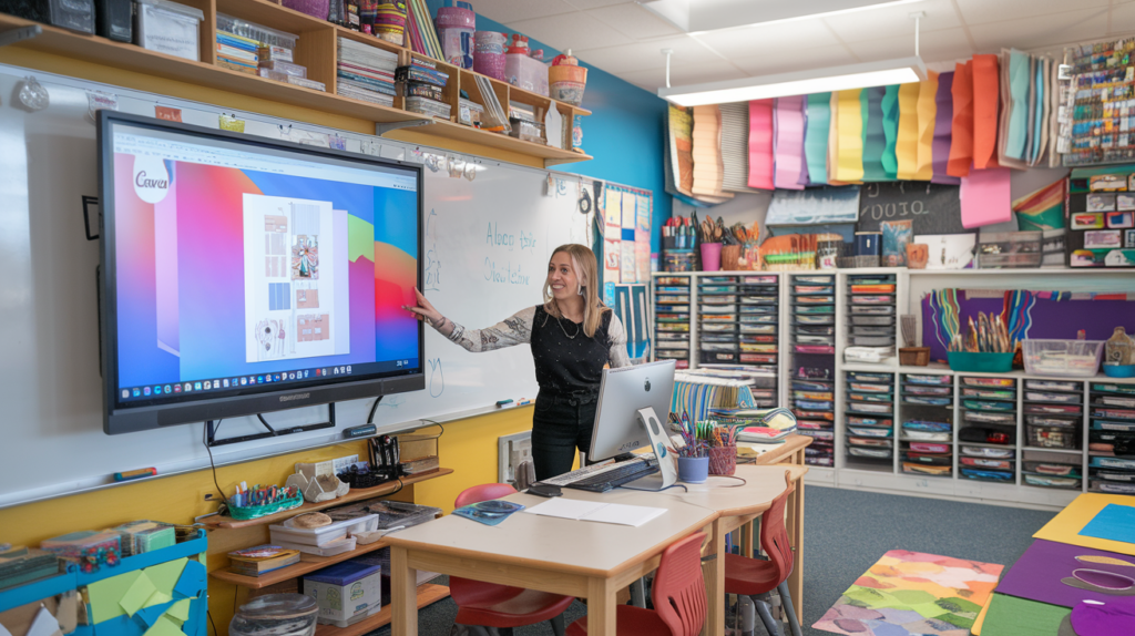 Collage of classroom scenes showing students collaborating on projects, with a teacher assisting a student, surrounded by decorative circles.