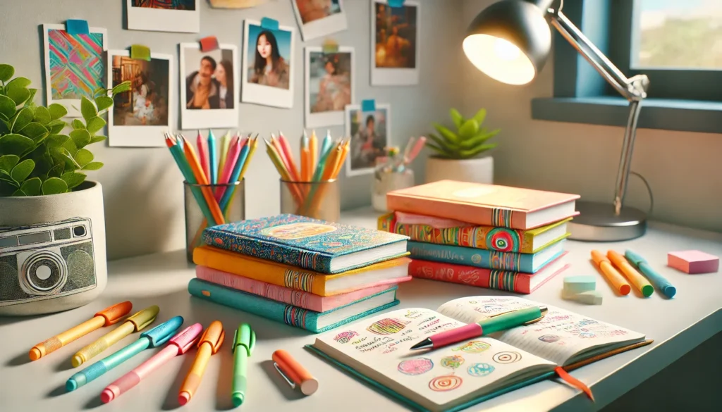 A colorful and creative desk setup featuring stacks of notebooks, colorful pens, and personal photos on a wall with a lamp illuminating the workspace