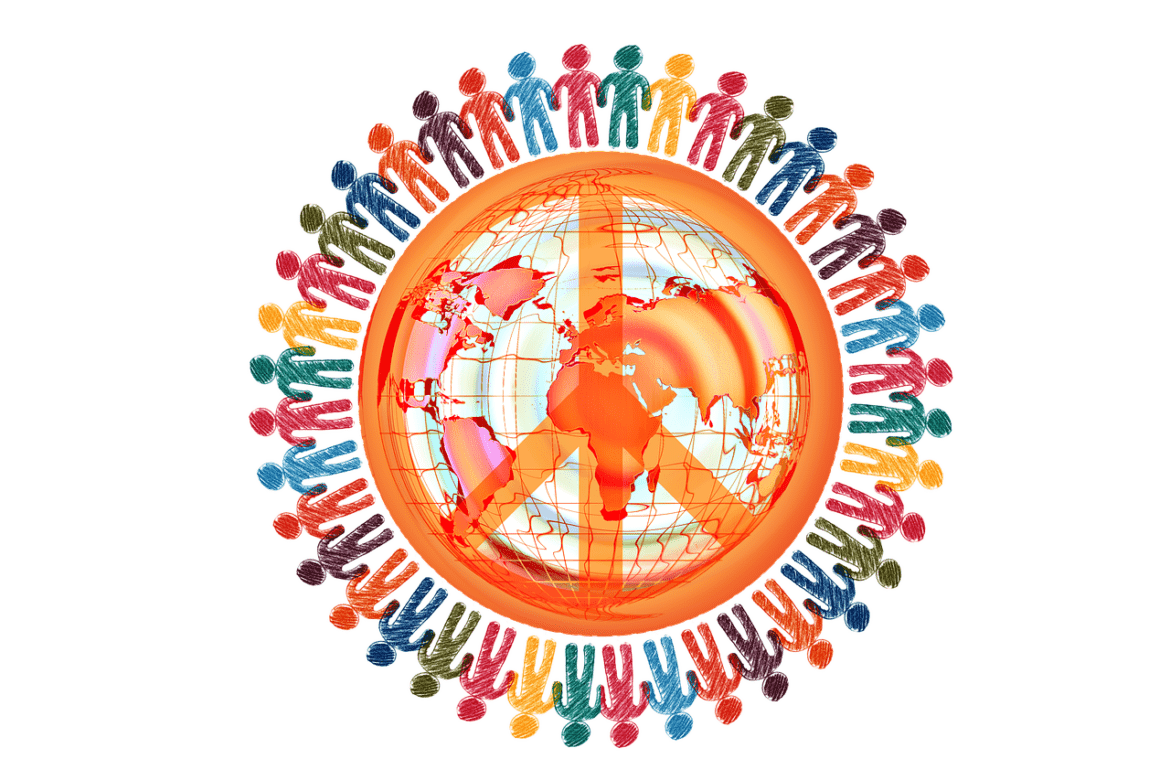 celebrateglobalcollab Peace sign global symbol with people surrounding the earth.