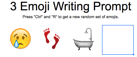 Screenshot of the emoji writing prompt with sad face, footprints, and bathtub. 