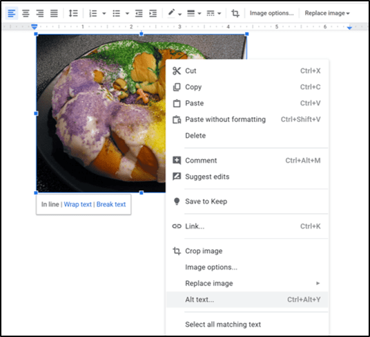 Image of how to add alt text to an image in Google Docs.