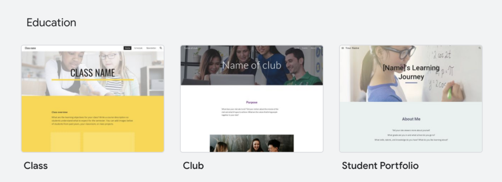 Screenshot of Class, Club, and student Portfolio in Google Templates