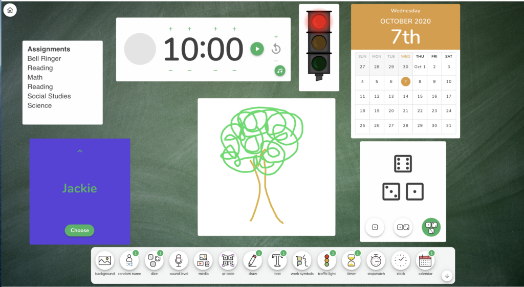 Classroom Screen showing calendar, dice, and several other widgets. 