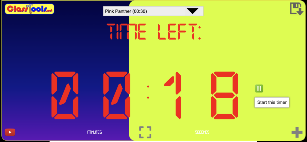 The purple and neon green timer form Classtools with the PInk Panther theme.