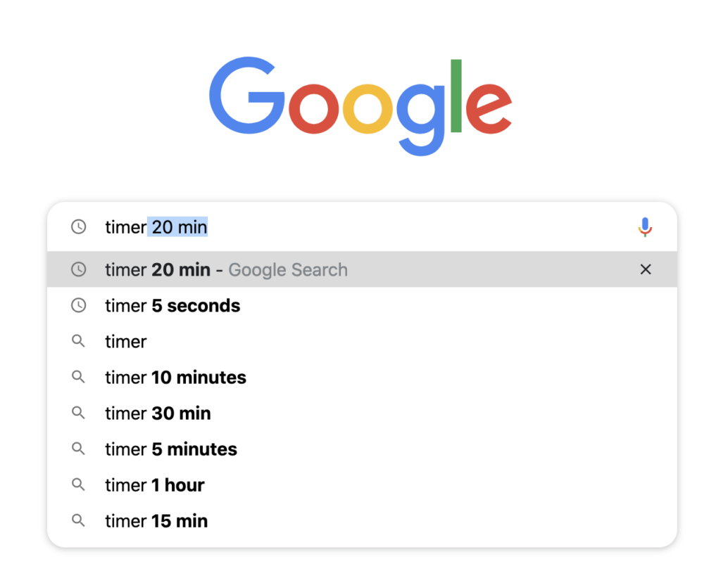 Google Search showing several time options. Example 10 minutes, 10 seconds, etc. 