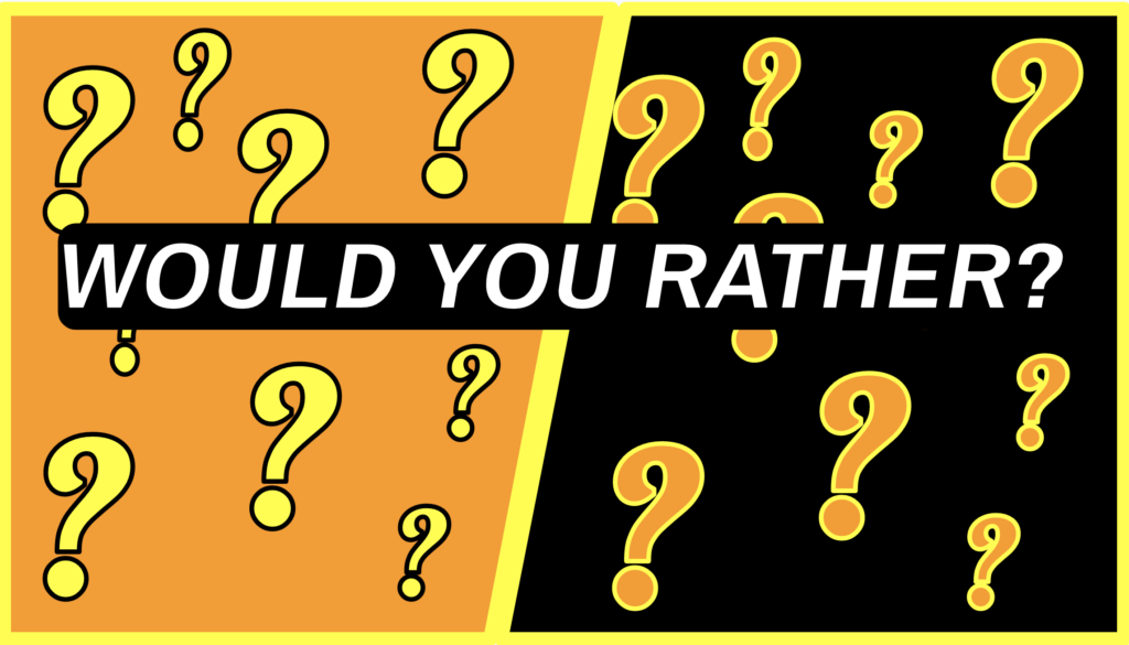 Would You Rather Halloween Header with orange and yellow question marks.