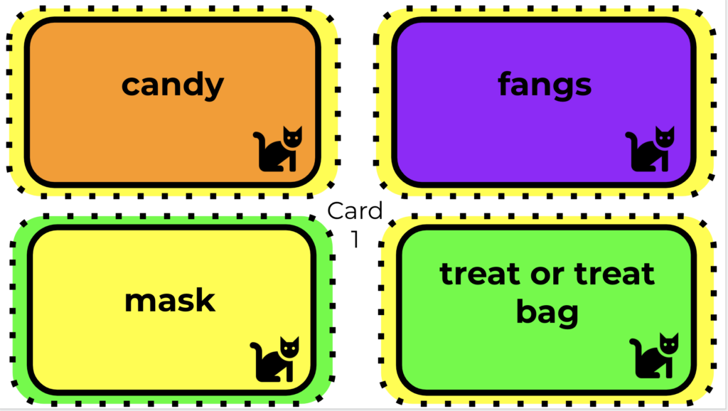 4 Halloween charades cards: candy, fangs, mask, and trick or treat bag. 