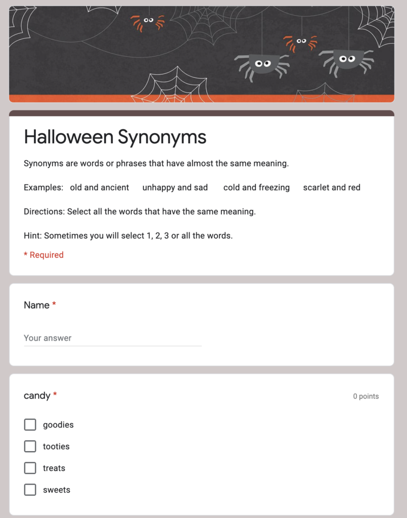 Halloween Synonyms Google Form.