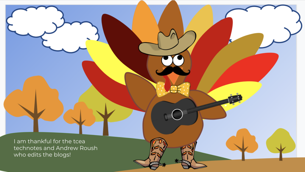A turkey playing a guitar with 5 trees in the background and clouds in the sky. 