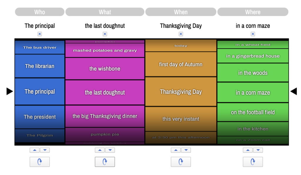 Thanksgiving Randomizer with 4 categories. On display are the principal, the last donut, Thanksgiving Day, and in a corn maze. 