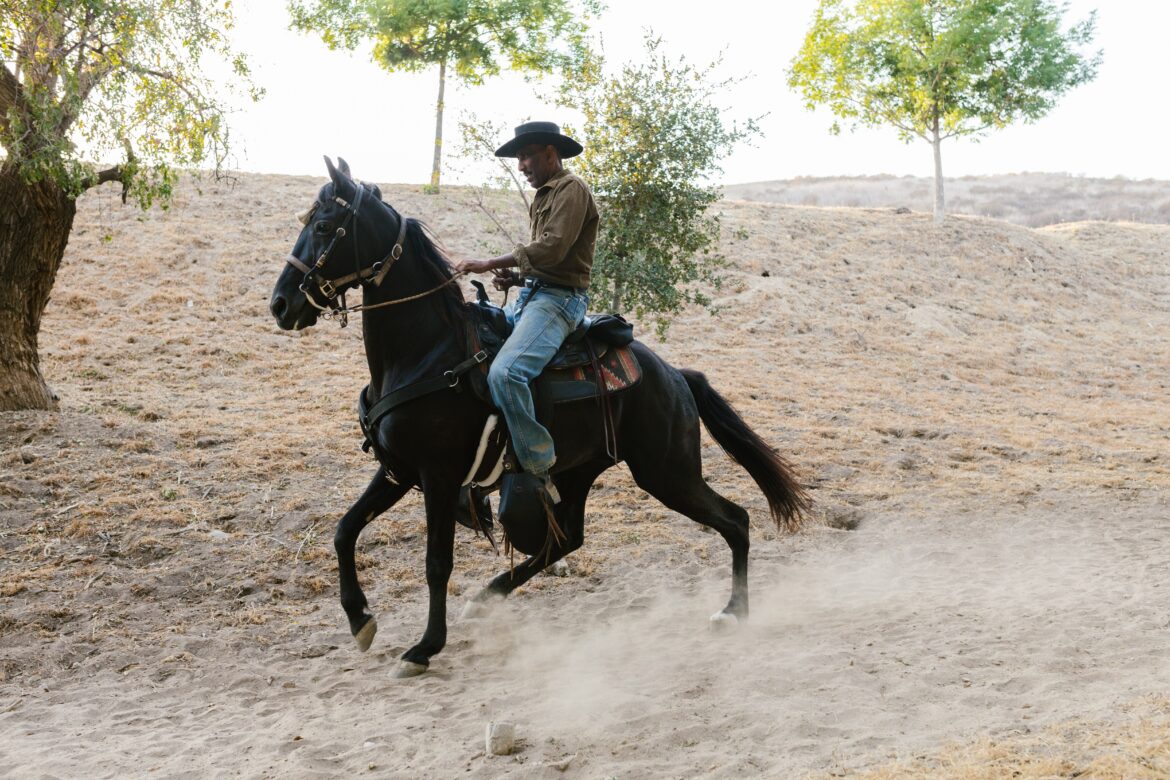 pexels-rodnae-productions-8624630 a man rides a black horse across dusty terrain