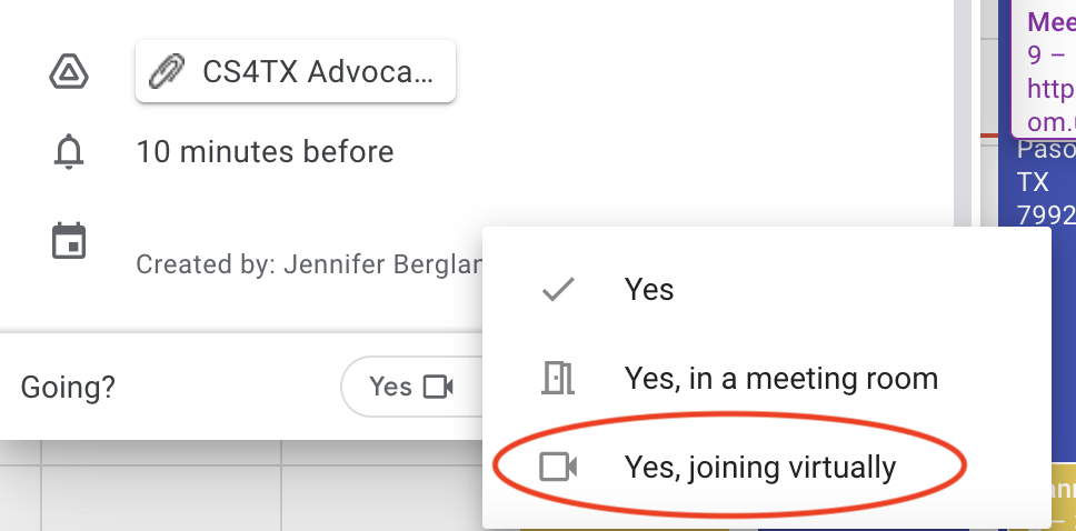 Google Calendar "Yes, joining virtually" response