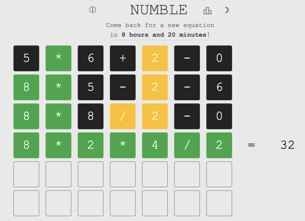 columns and rows in green, black, and yellow in Numble. 