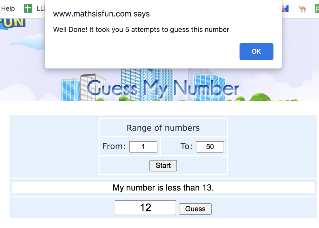 guess my number showing message when guessing a number. 