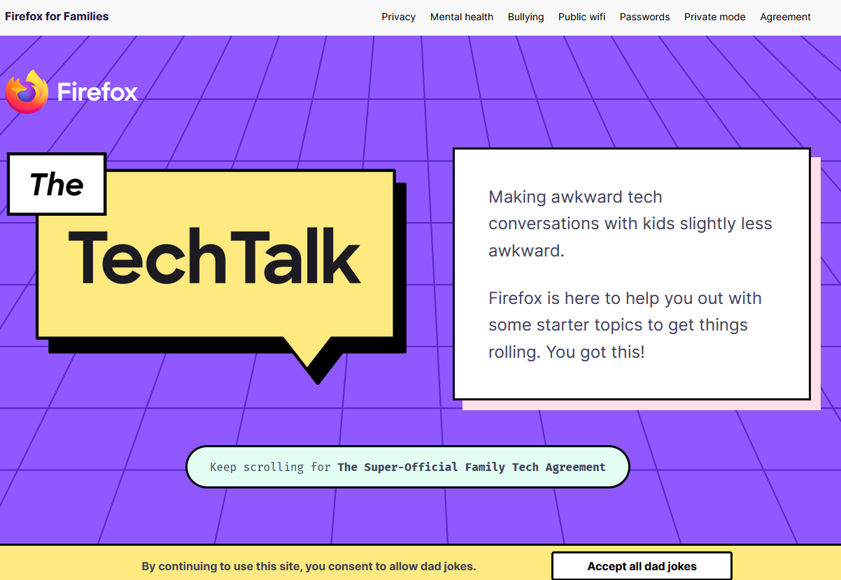Screenshot of Firefox's home page for "The Tech Talk" guide to digital safety conversations. 