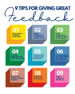 Infographic of the 9 tips for giving great feedback from the article.