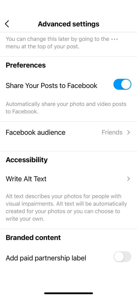 Screenshot showing where to find alt text for an instagram photo post.