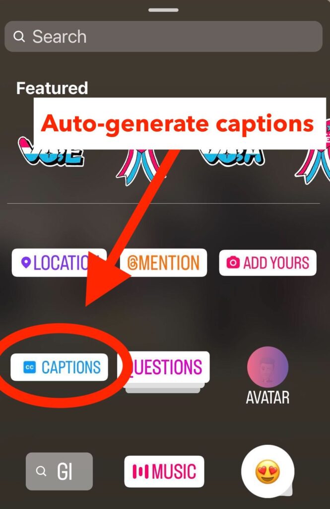 Screenshot showing Instagram Stories Captions Sticker.