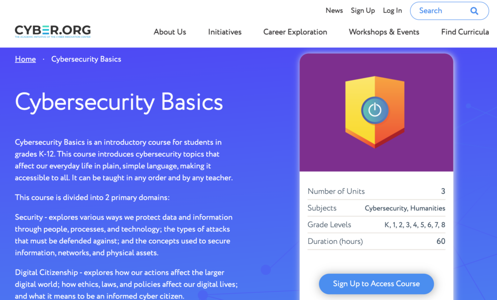Screenshot of cybersecurity basics website from cyber.org.