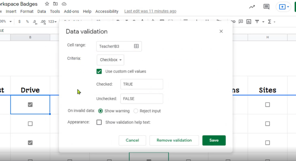 data validation Google Sheets