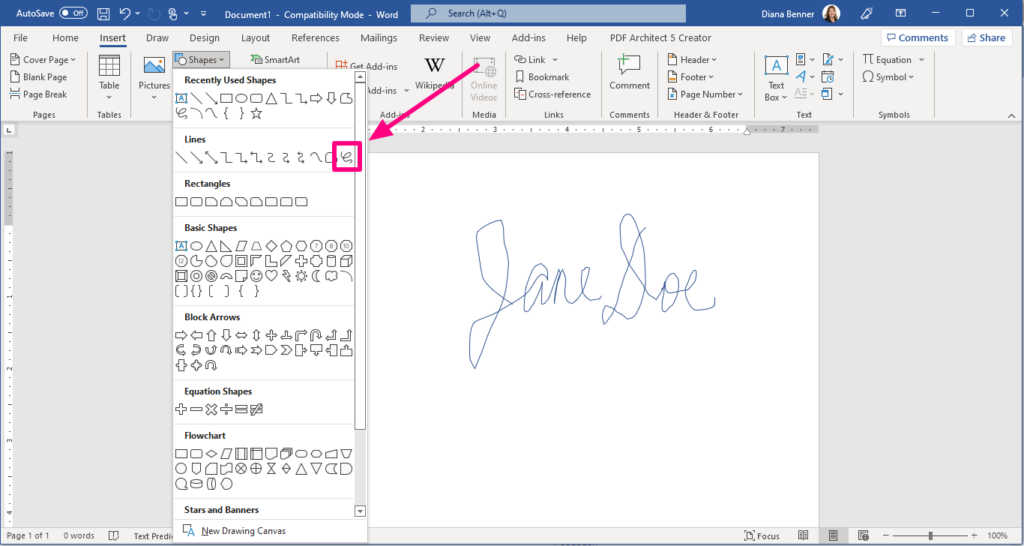 Screenshot of Microsoft Word's signature feature