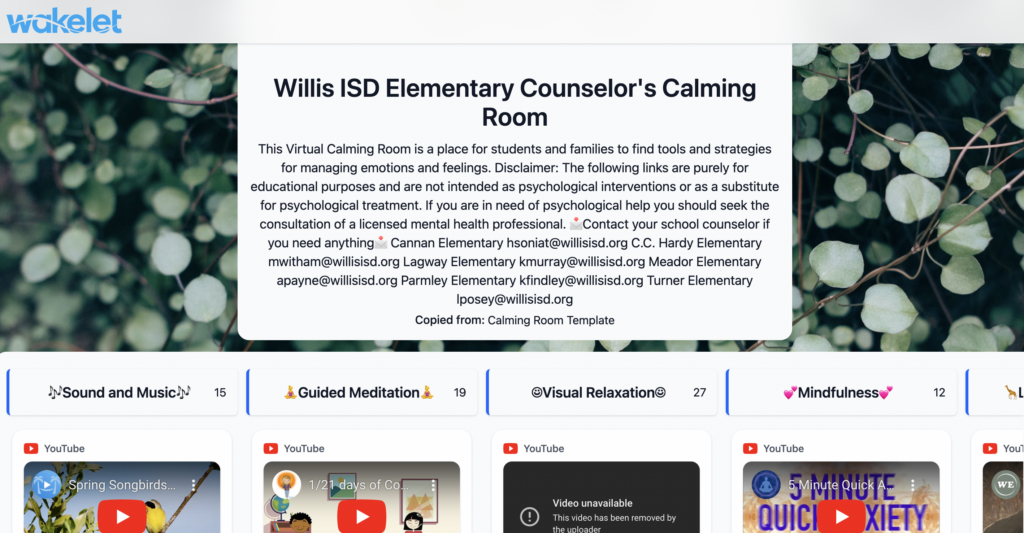 Screenshot of Willis ISD Elementary Counselor's Digital Calming Room 