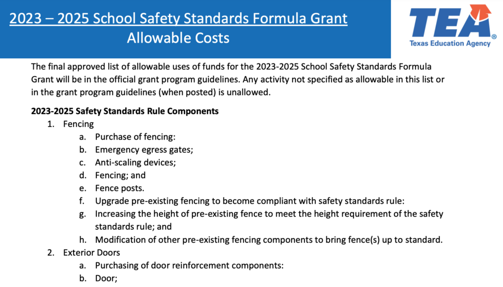 SBOE TEA School Safety Standards Formula Grant Allowable Costs