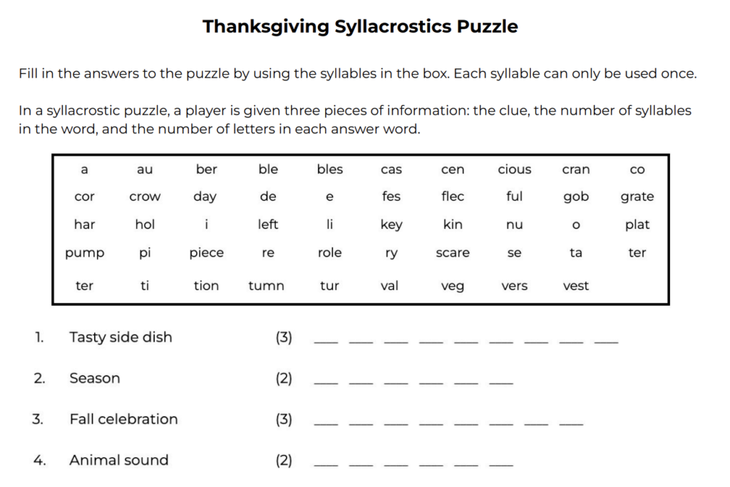 Thanksgiving activity page showcasing the syllable box and the first few puzzles. 