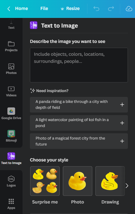 Screenshot of Canva's text-to-image tool