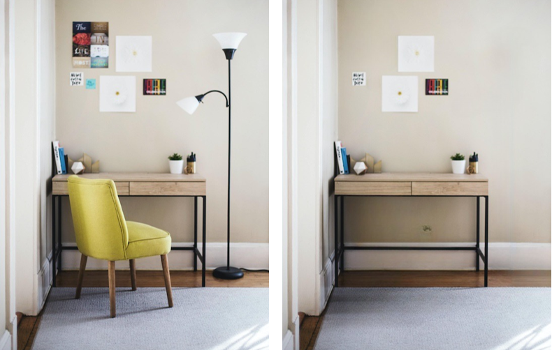 before and after edit of sample image from cleanup.pictures. chair, papers on wall, and lamp are removed