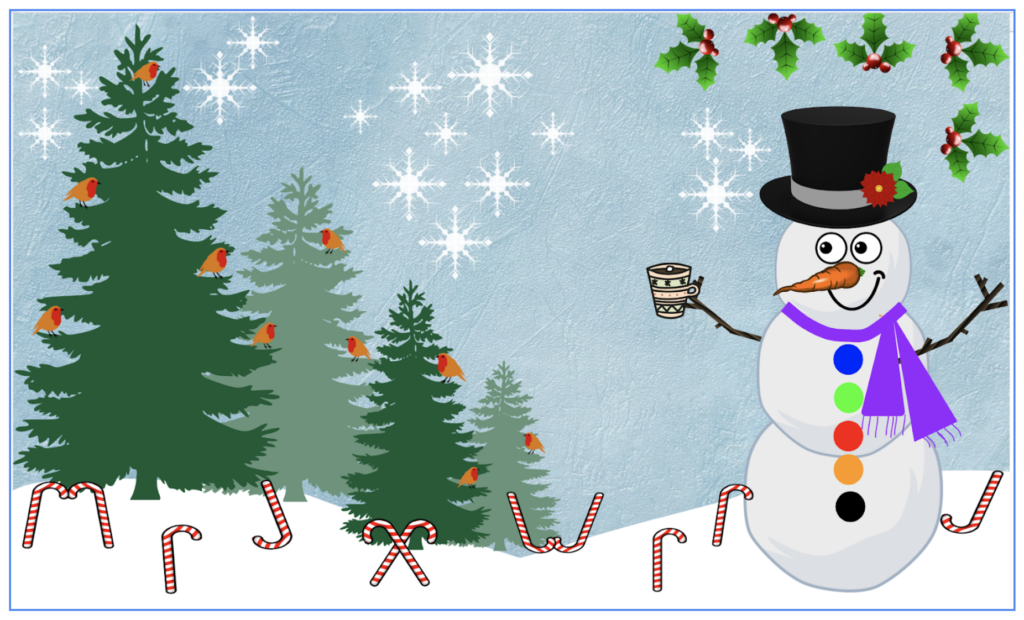 The image used forthe winter breakout that includes, trees, candy canes and a snowman.