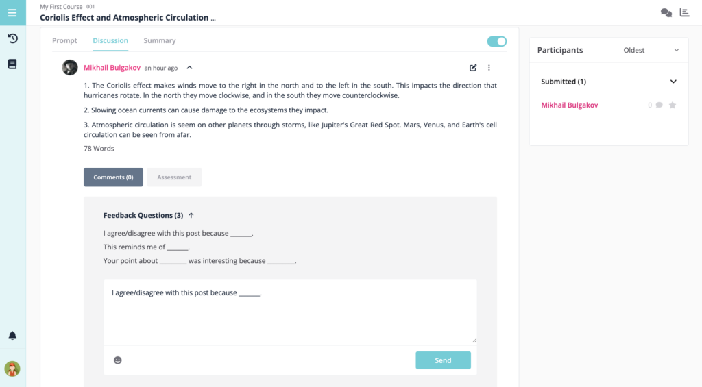 Student view of feedback questions in Parlay