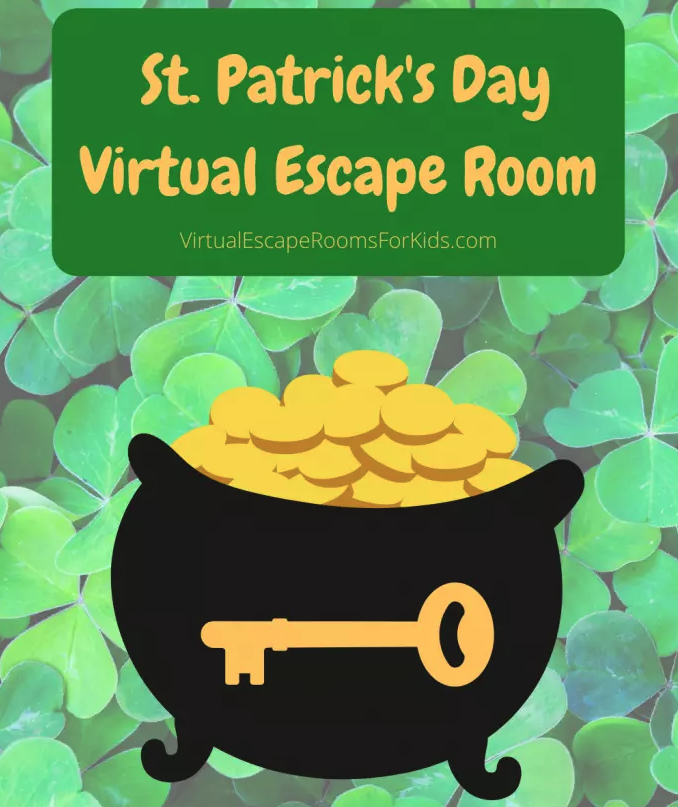 A black pot of gold with a key superimposed on top of the image is layered on top of a background of shamrocks. Above the gold, the title, "St. Patrick's Day Virtual Escape Room" and the subtitle "VirtualEscapeRoomsForKids.com" are displayed in yellow letters on a green rectangle. 