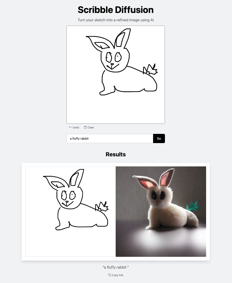 The image contains a line drawing described as a "fluffy bunny". Below the line drawing is a side-by-side comparison of the line drawn bunny next to an AI-generated version of the image.