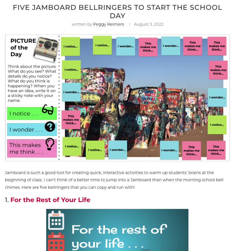 Five Jamboard Bellringers to Start the School Day screenshot of linked blog article