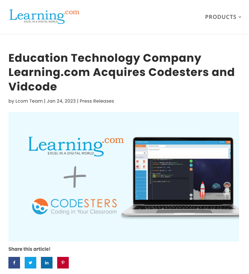 Screenshot of linked blog article about Learning.com's acquisition of Codesters, a web-based Python coding curriculum. 