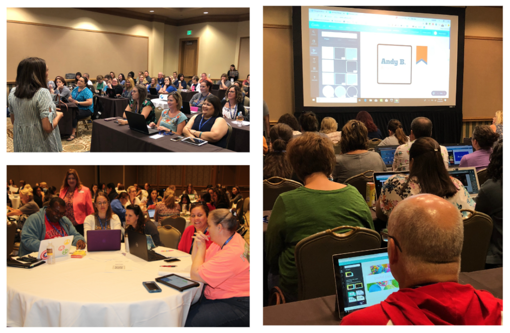 photographs of engaging ETC sessions with numerous educators in attendance. 