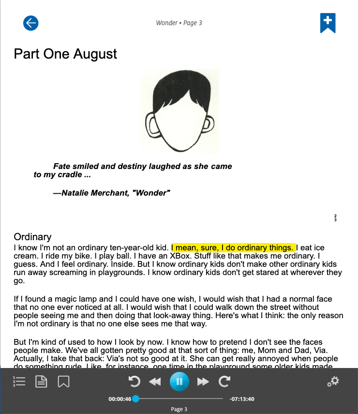 Screenshot of the first page of chapter 1 in the book "Wonder."