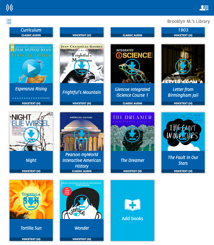 Screenshot of an example audiobook library for a student
