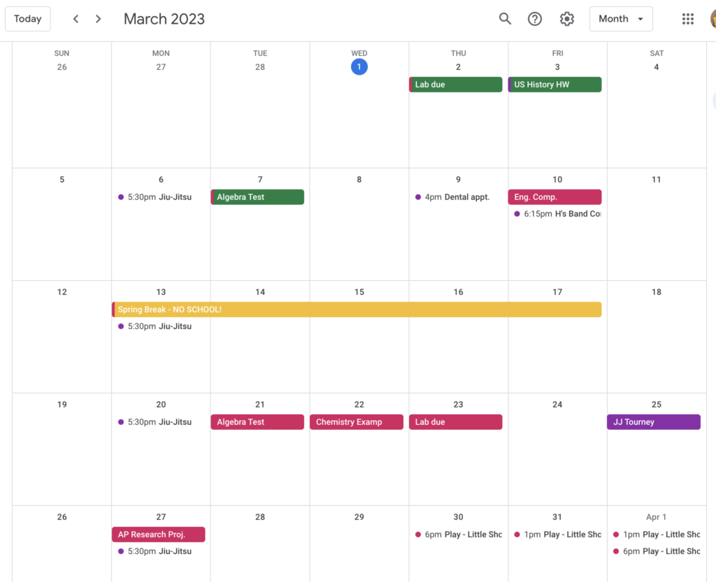March 2023 Google Calendar month view
