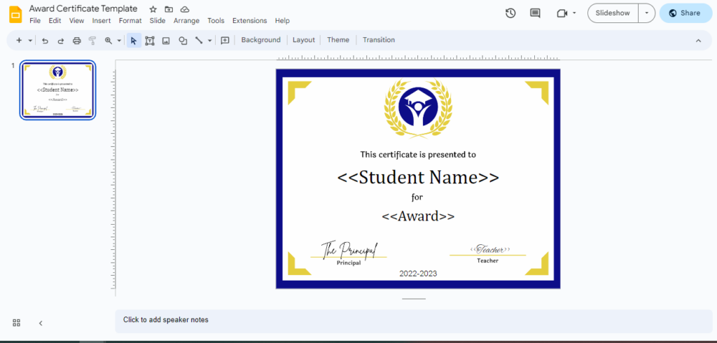 Example Student Award Template for Autocrat