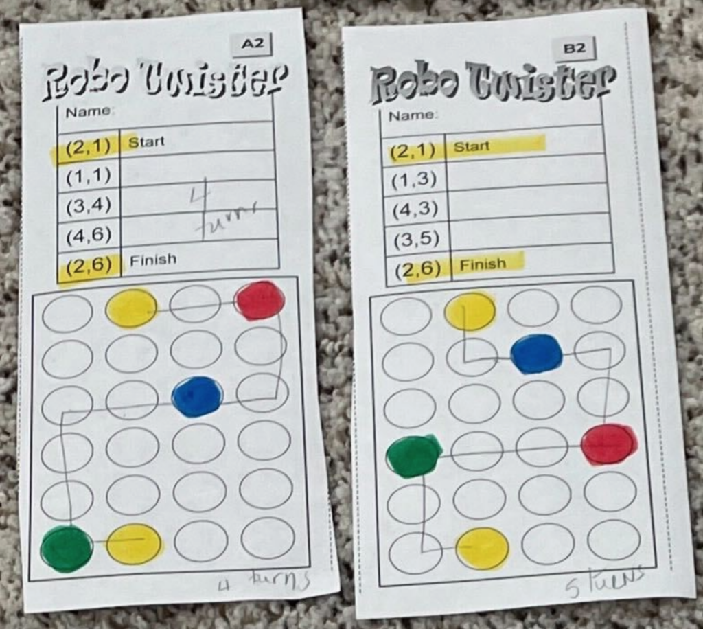 Robo Twister Robotics Challenge Card - Two Completed Examples 