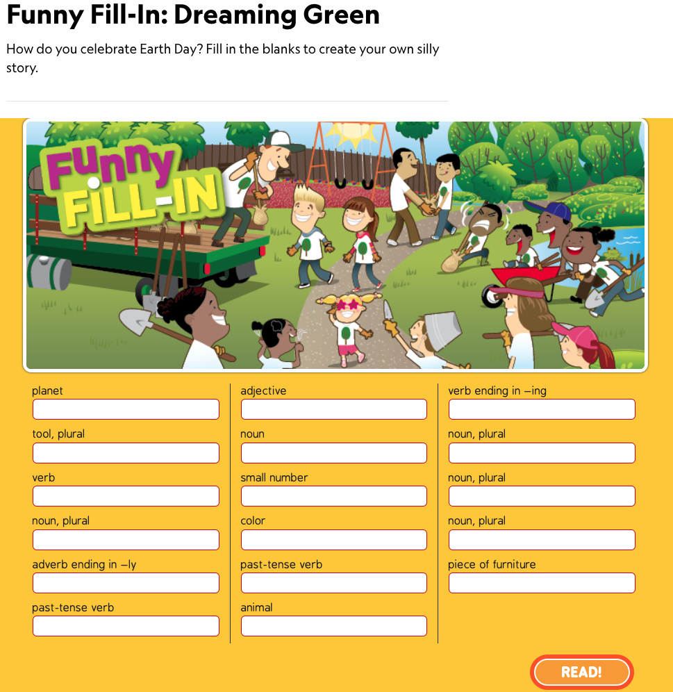 Screenshot of a digital Earth Day madlib activity at https://kids.nationalgeographic.com/games/funny-fill-in/article/dreaming-green
