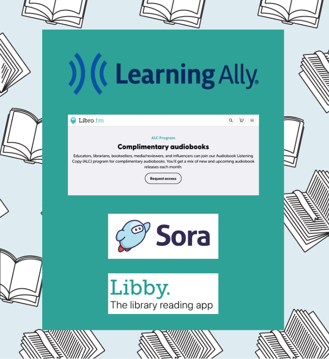 Logos for learning Ally, Libro.fm, sora, and libby for accessible audiobooks