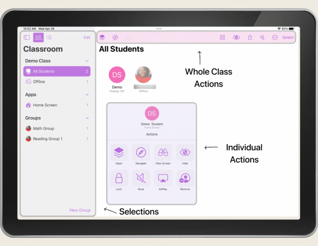 Image showing various actions and selections in Apple Classroom