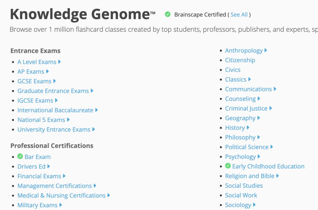 Brainscape's list of online flashcards