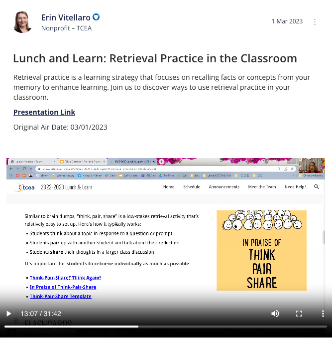 Lunch & Learn Recording on Retrieval Practice